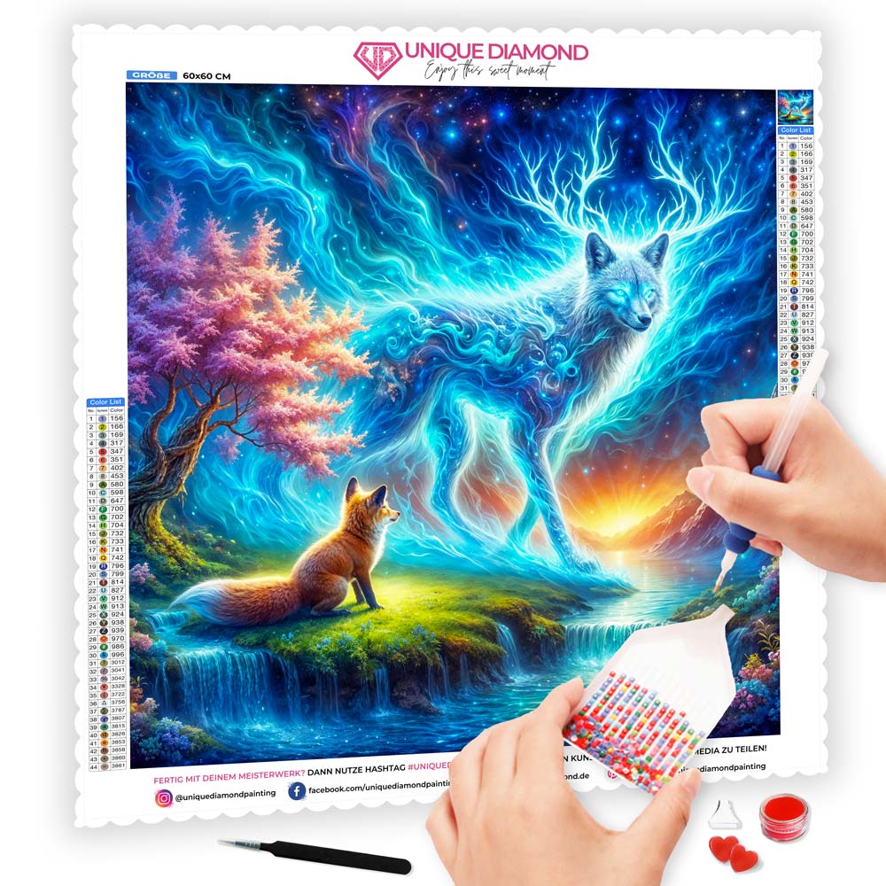 5D Diamond Painting mit AB-Effekt – Mystischer Seelenfuchs, Unique-Diamond