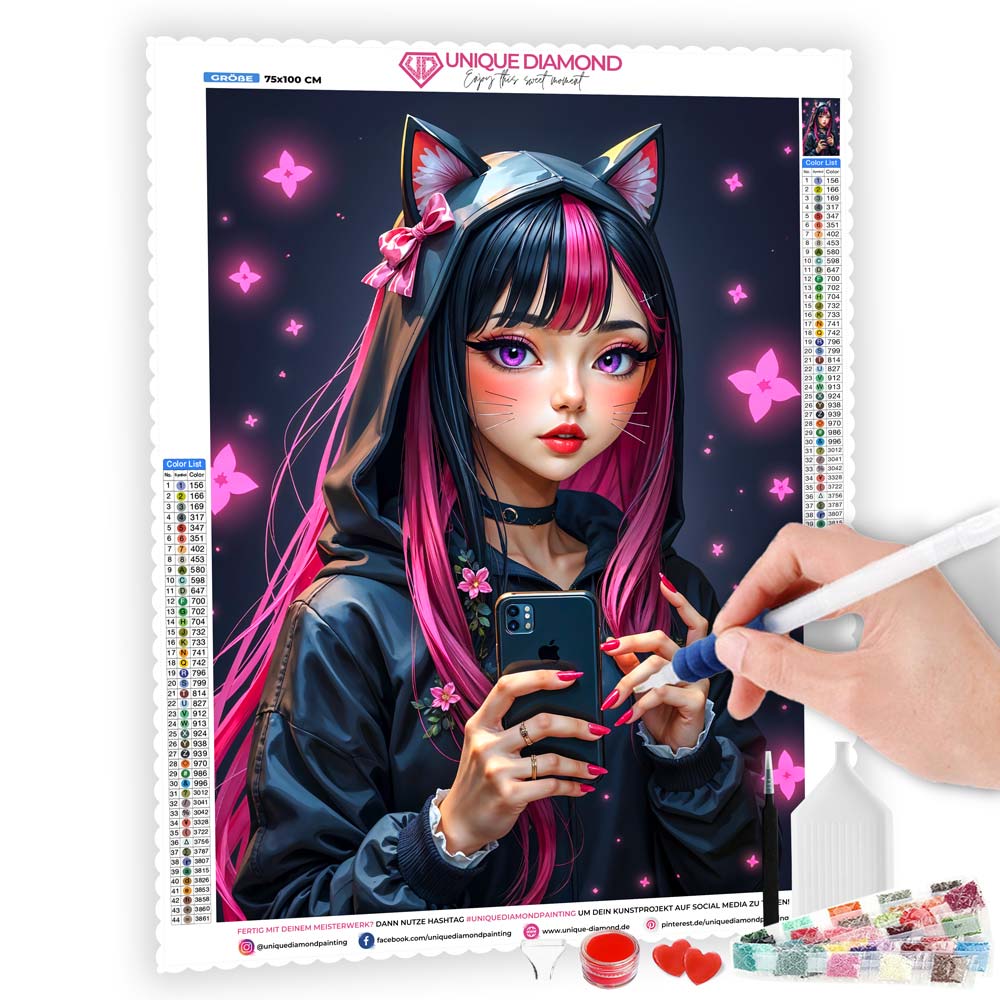 5D Diamond Painting mit AB-Effekt – Neko-Girl mit Smartphone, Unique-Diamond