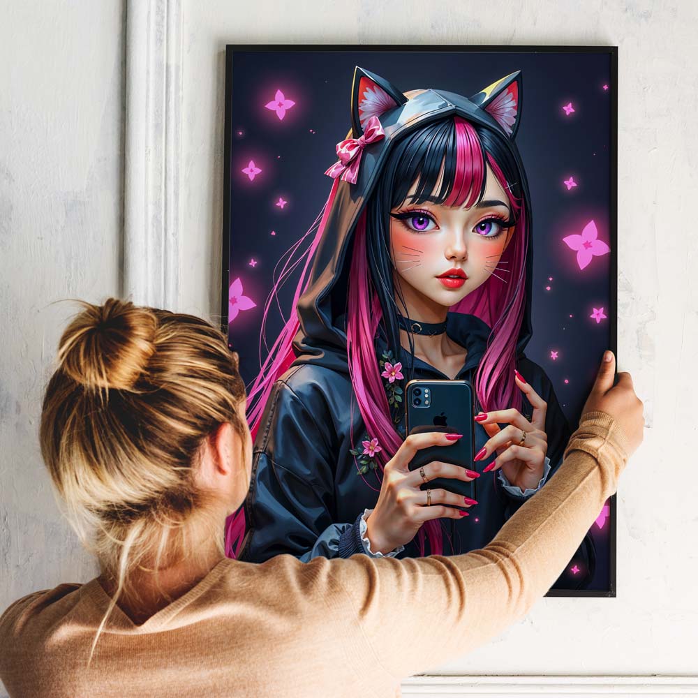 5D Diamond Painting mit AB-Effekt – Neko-Girl mit Smartphone, Unique-Diamond