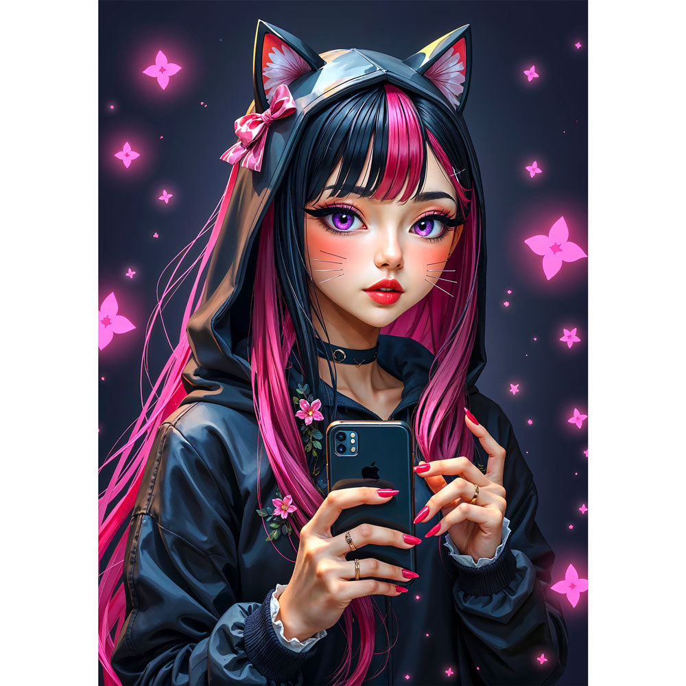 5D Diamond Painting mit AB-Effekt – Neko-Girl mit Smartphone, Unique-Diamond