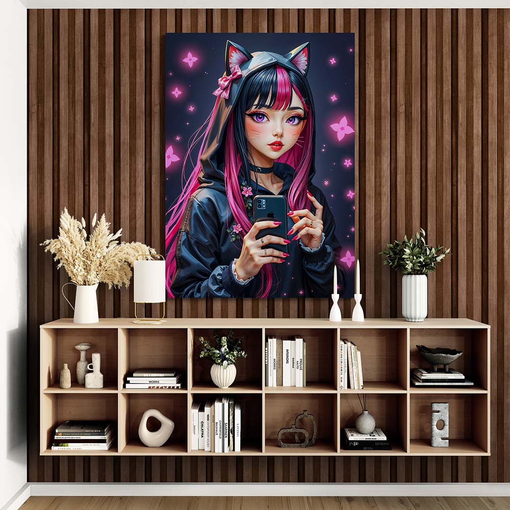 5D Diamond Painting mit AB-Effekt – Neko-Girl mit Smartphone, Unique-Diamond