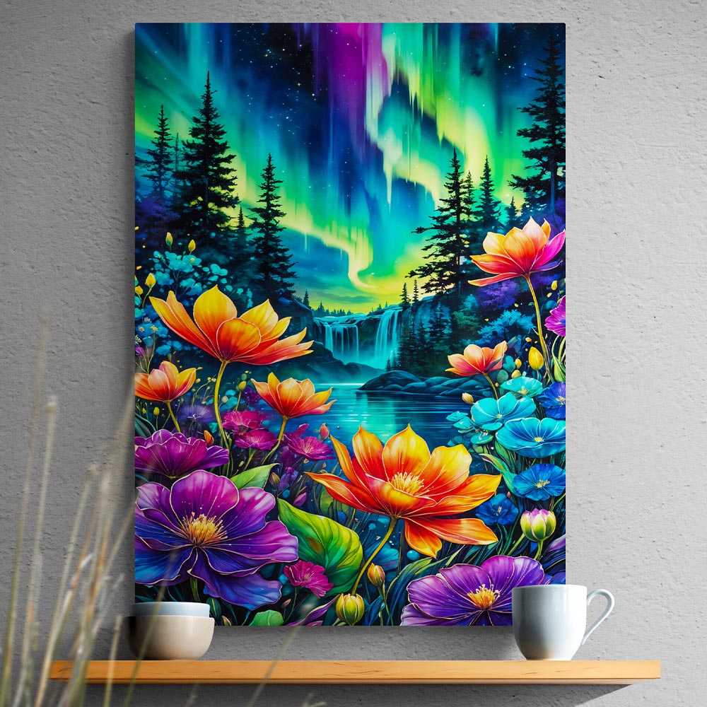 5D Diamond Painting mit AB Effekt – Nordlicht-Blumenpracht, Unique-Diamond