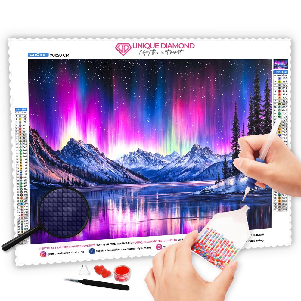 5D Diamond Painting mit AB-Effekt – Nordlichtzauber über den Bergen, Unique-Diamond