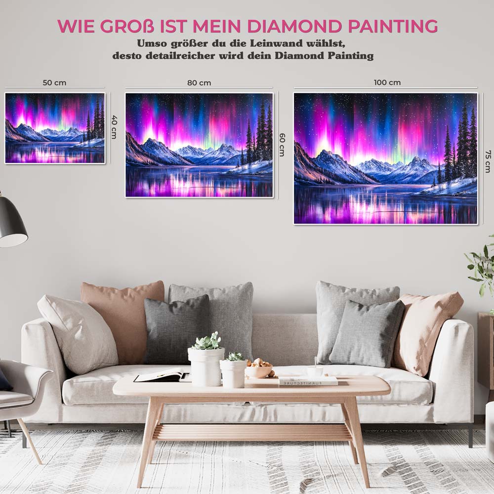 5D Diamond Painting mit AB-Effekt – Nordlichtzauber über den Bergen, Unique-Diamond