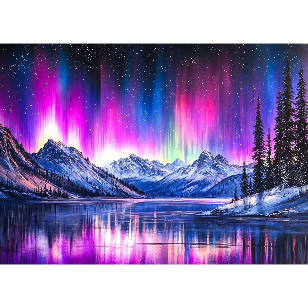 5D Diamond Painting mit AB-Effekt – Nordlichtzauber über den Bergen, Unique-Diamond