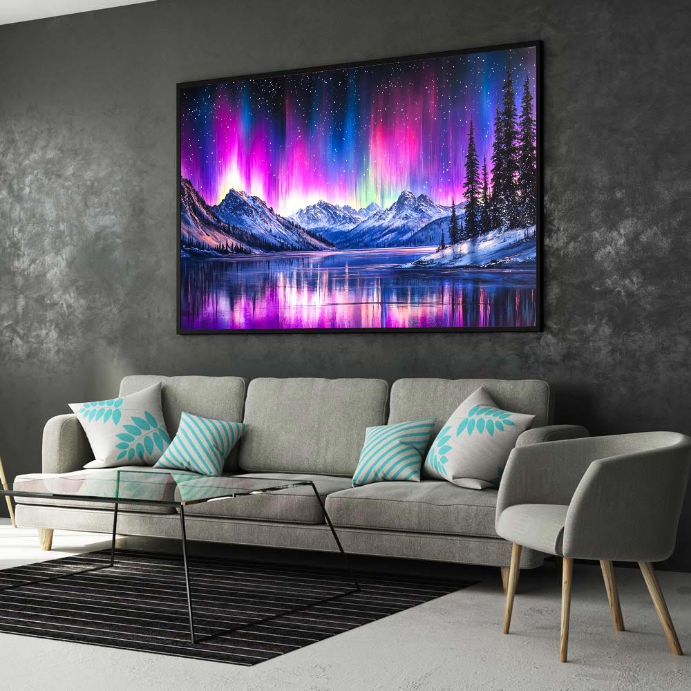 5D Diamond Painting mit AB-Effekt – Nordlichtzauber über den Bergen, Unique-Diamond