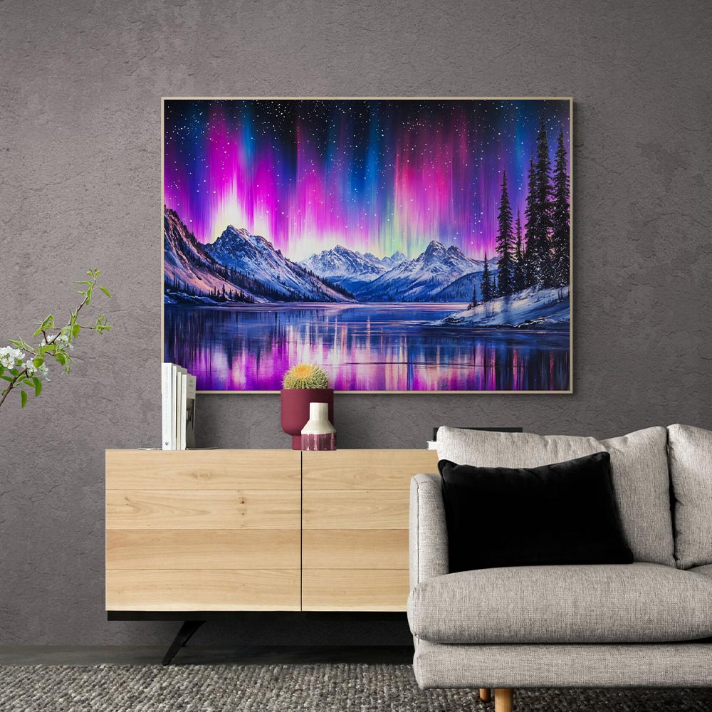 5D Diamond Painting mit AB-Effekt – Nordlichtzauber über den Bergen, Unique-Diamond