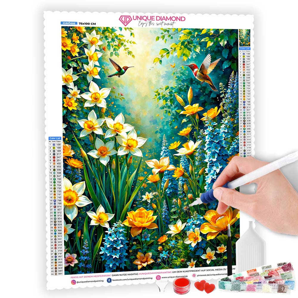 5D Diamond Painting mit AB-Effekt – Paradiesischer Blumengarten, Unique-Diamond