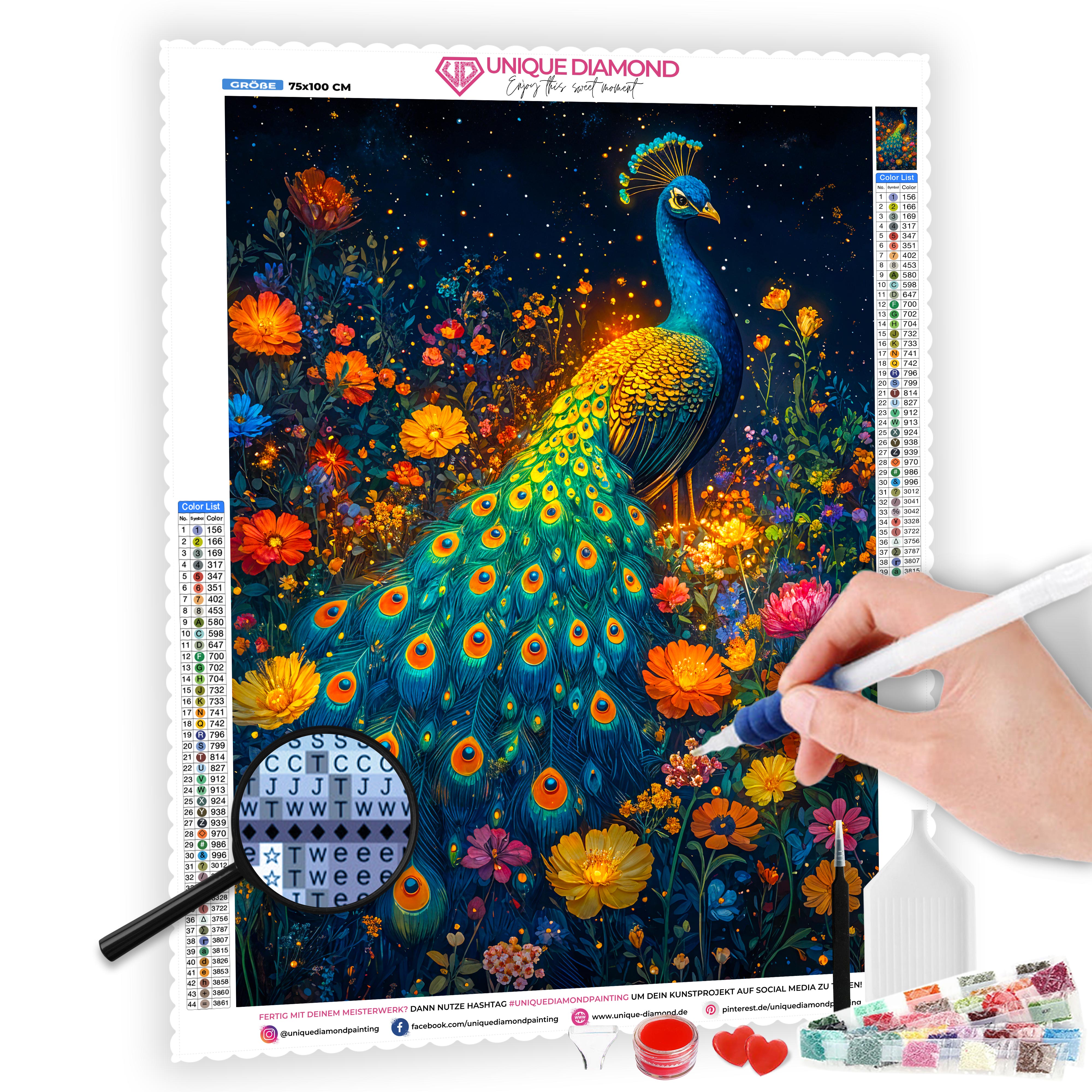 5D Diamond Painting mit AB Effekt – Pfau im Blumenfeld, Unique-Diamond