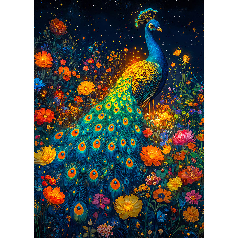 
5D Diamond Painting mit AB Effekt – Pfau im Blumenfeld, Unique-Diamond