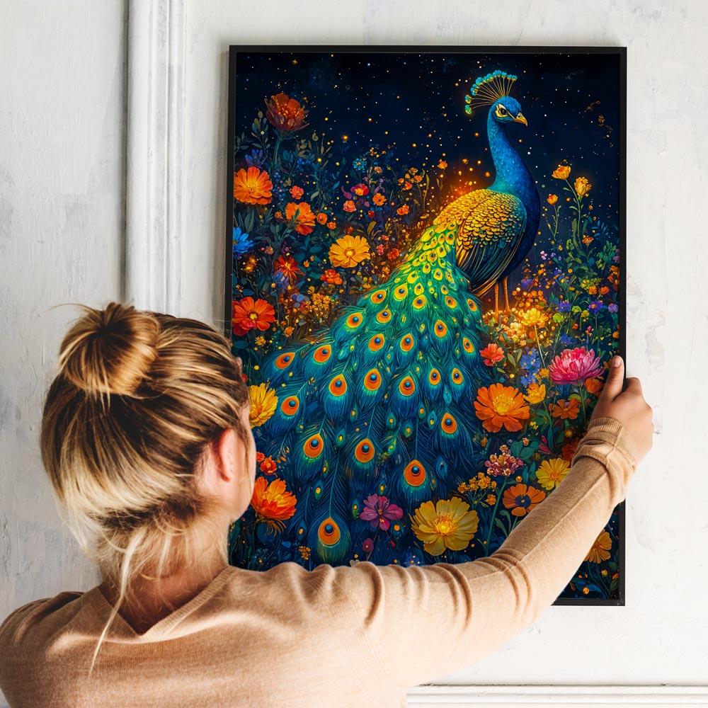 5D Diamond Painting mit AB Effekt – Pfau im Blumenfeld, Unique-Diamond