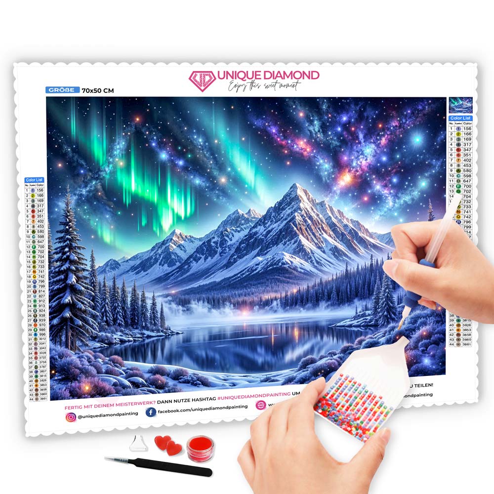 5D Diamond Painting mit AB-Effekt – Polarlichter über den Bergen, Unique-Diamond