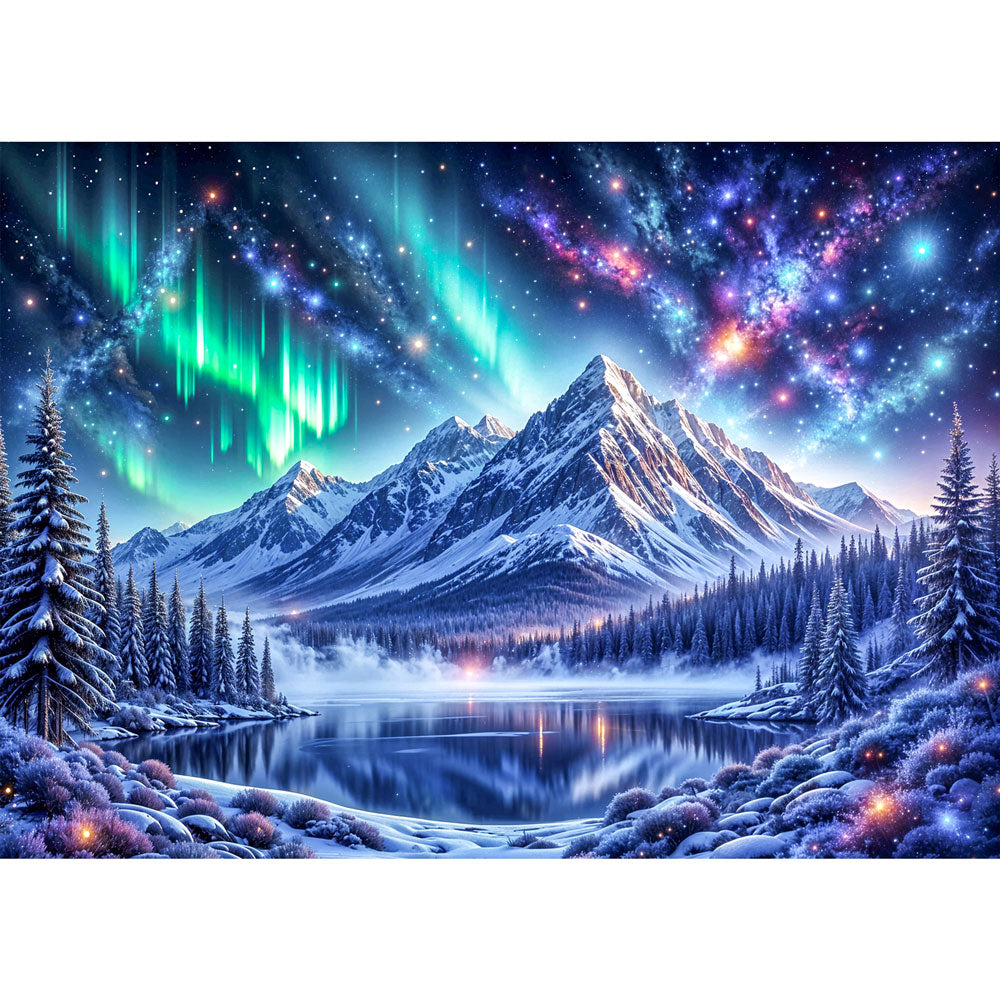 5D Diamond Painting mit AB-Effekt – Polarlichter über den Bergen, Unique-Diamond