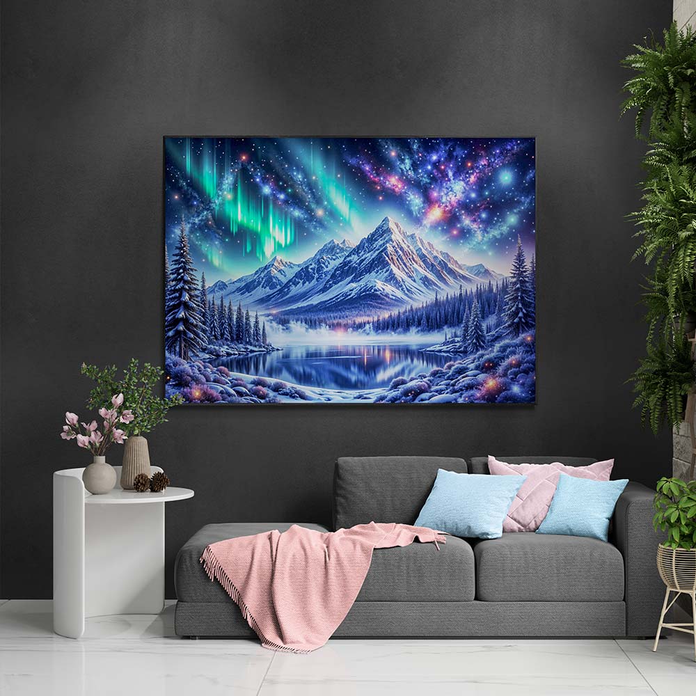 5D Diamond Painting mit AB-Effekt – Polarlichter über den Bergen, Unique-Diamond