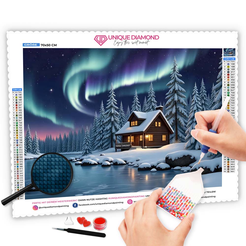 5D Diamond Painting mit AB-Effekt – Polarzauber im Winterwald, Unique-Diamond