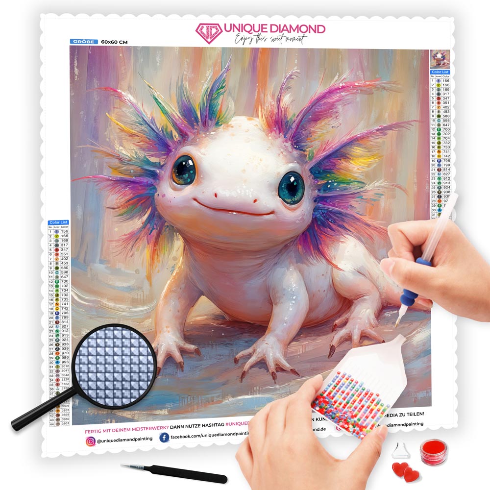 5D Diamond Painting mit AB-Effekt – Regenbogen-Axolotl, Unique-Diamond
