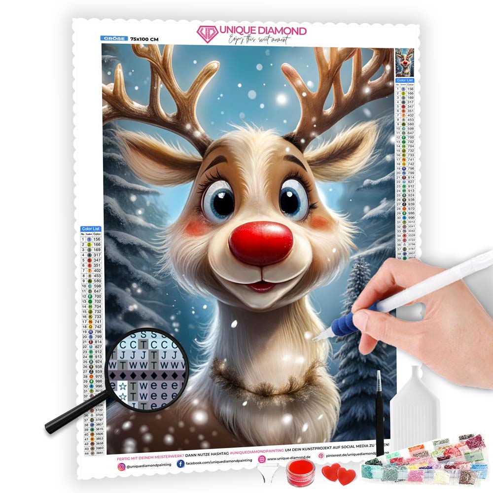 5D Diamond Painting mit AB-Effekt – Rudolphs Winterzauber, Unique-Diamond