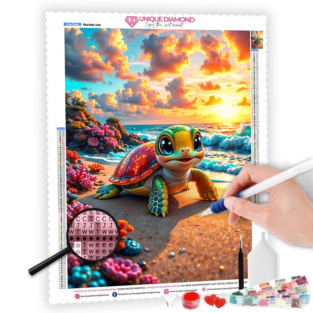 5D Diamond Painting mit AB-Effekt – Schildkrötenzauber am Meeresstrand mit 100 Farben, Unique-Diamond