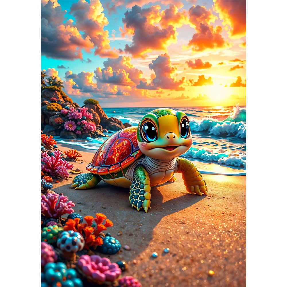 5D Diamond Painting mit AB-Effekt – Schildkrötenzauber am Meeresstrand mit 100 Farben, Unique-Diamond