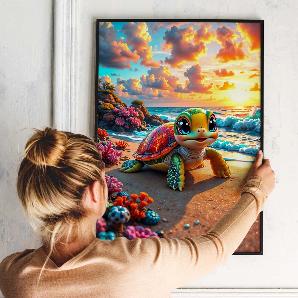 5D Diamond Painting mit AB-Effekt – Schildkrötenzauber am Meeresstrand mit 100 Farben, Unique-Diamond