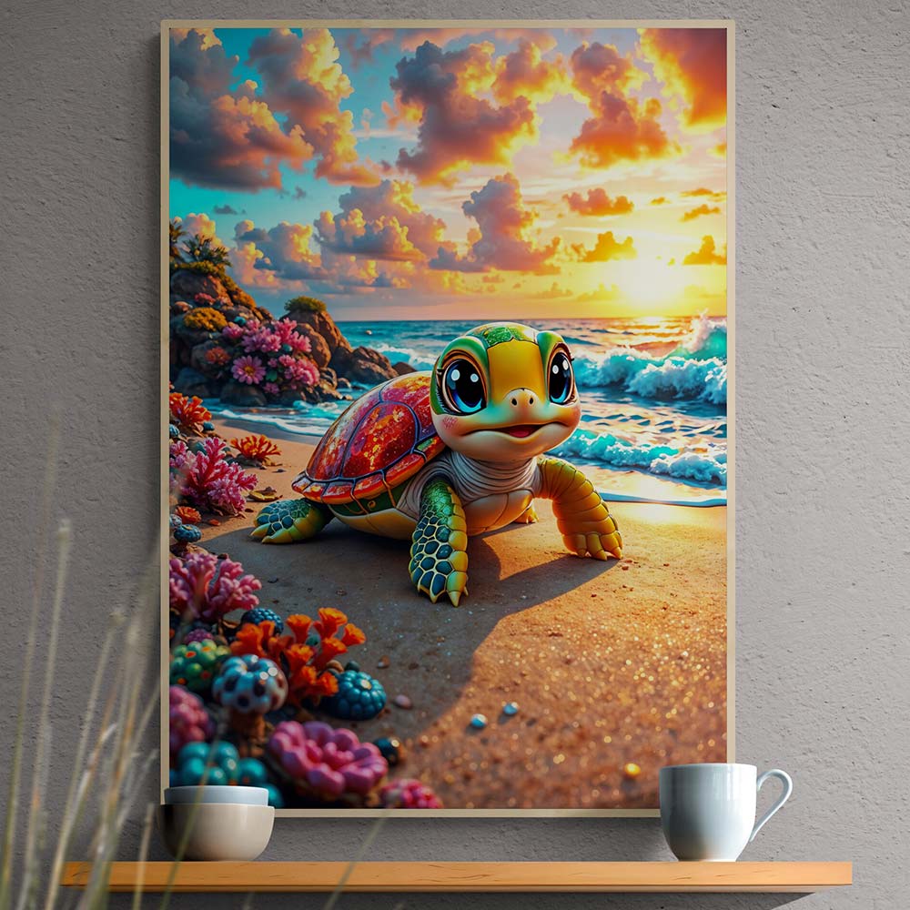 5D Diamond Painting mit AB-Effekt – Schildkrötenzauber am Meeresstrand mit 100 Farben, Unique-Diamond