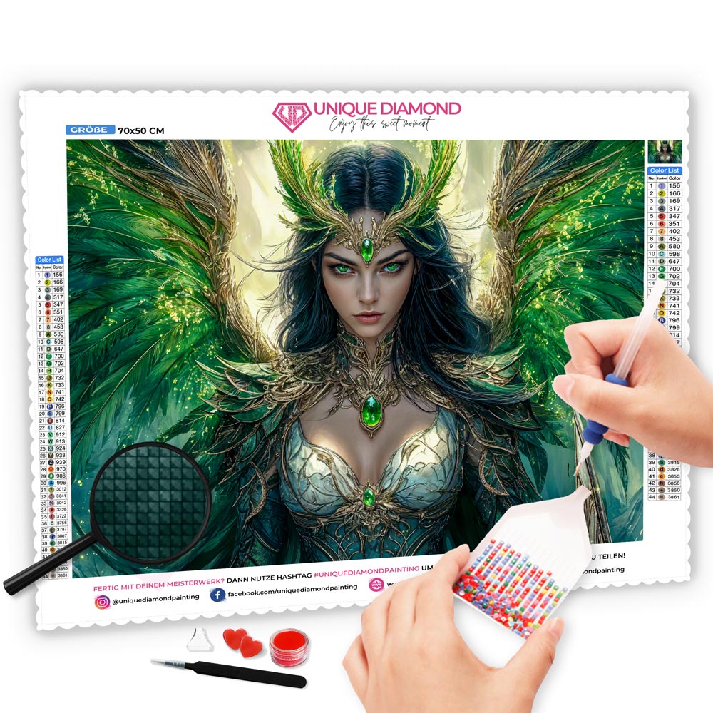 5D Diamond Painting mit AB-Effekt – Smaragdkriegerin, Unique-Diamond