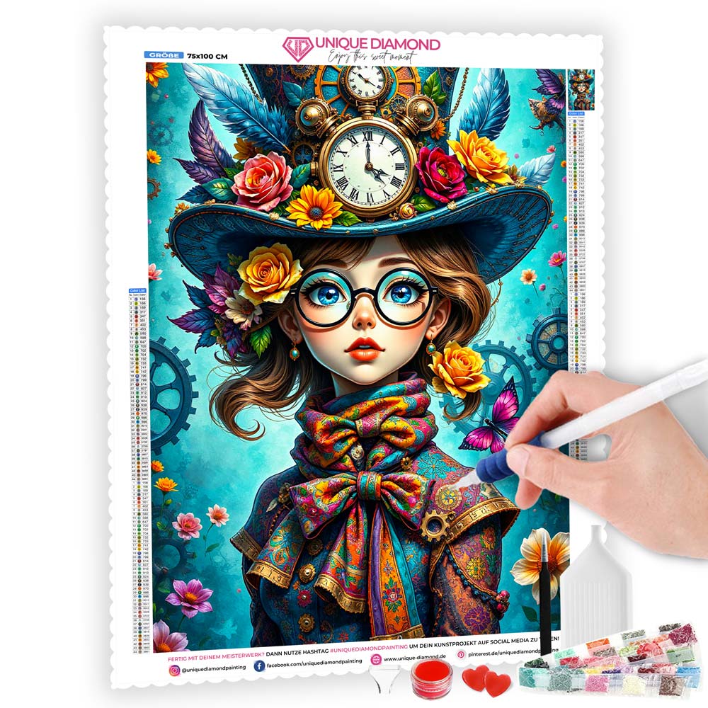 5D Diamond Painting mit AB-Effekt – Steampunk-Diva mit 100 Farben, Unique-Diamond