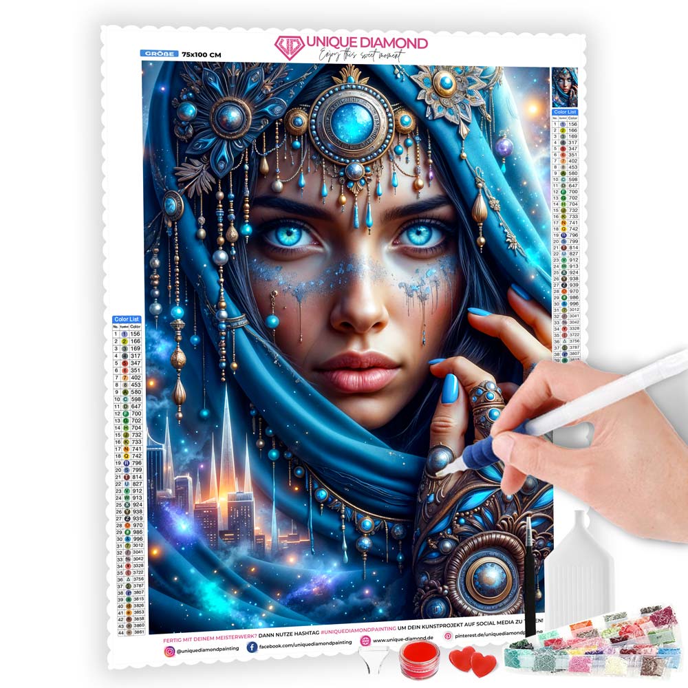 5D Diamond Painting mit AB-Effekt – Sternenblick der Wüstenprinzessin mit 100 Farben, Unique-Diamond