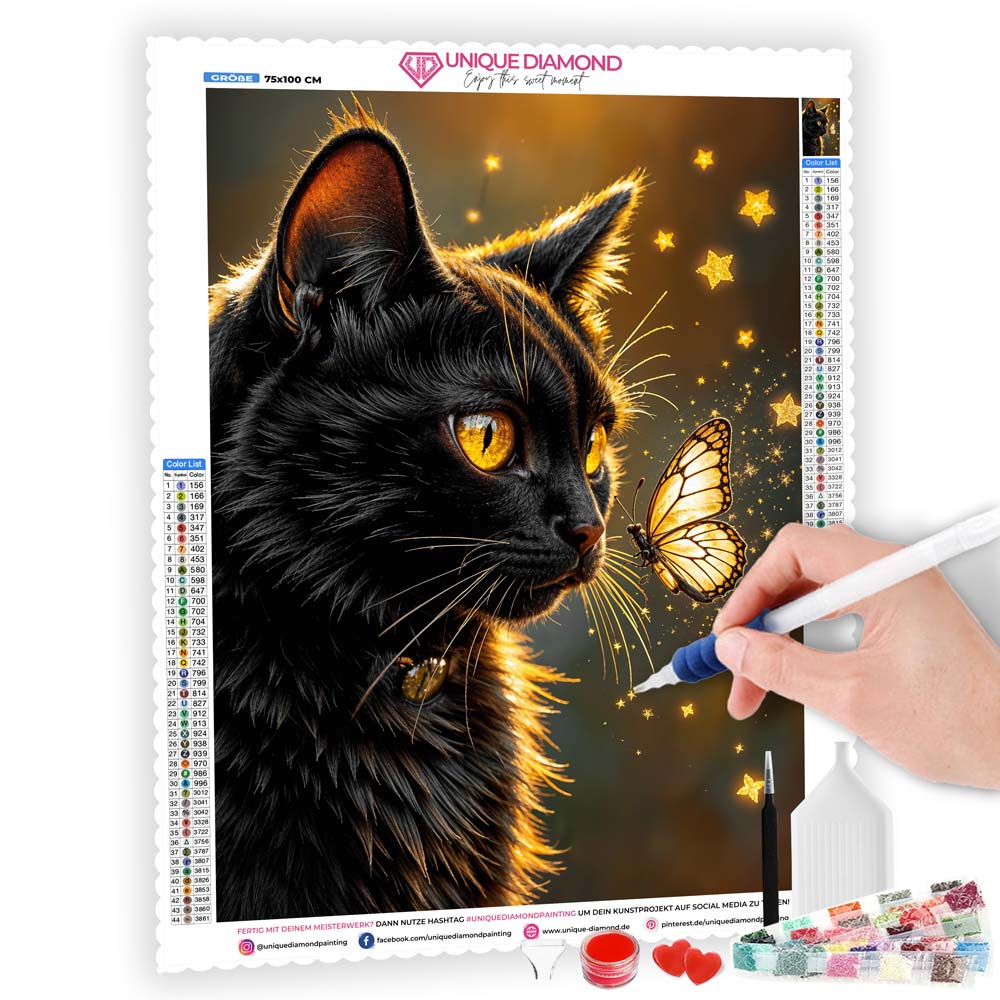 5D Diamond Painting mit AB-Effekt – Sternenglanz der Nachtkatze, Unique-Diamond