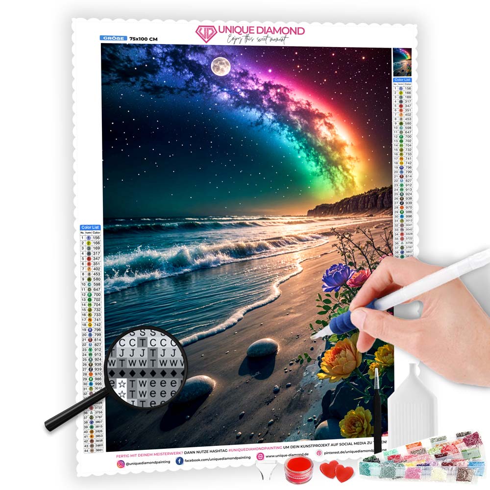 5D Diamond Painting mit AB-Effekt – Sternenhimmel am Meeresufer, Unique-Diamond