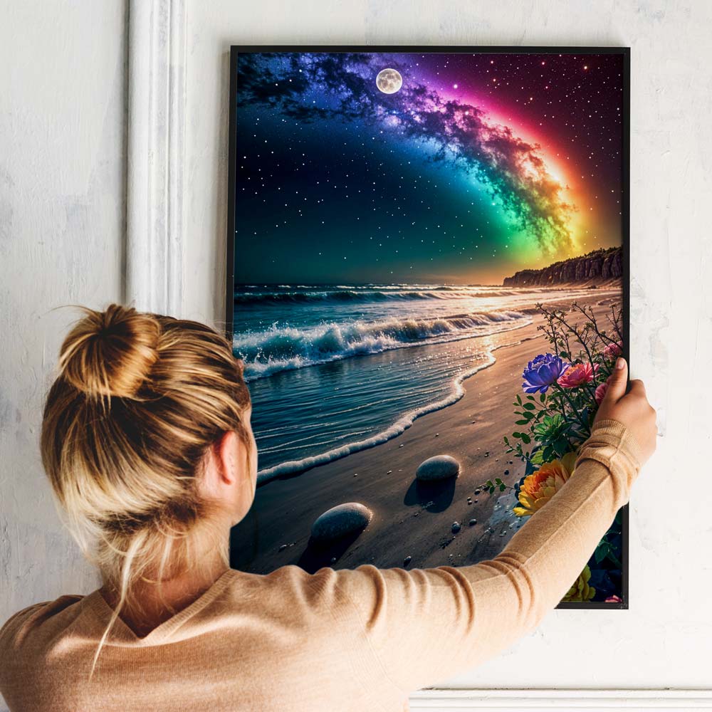 5D Diamond Painting mit AB-Effekt – Sternenhimmel am Meeresufer, Unique-Diamond