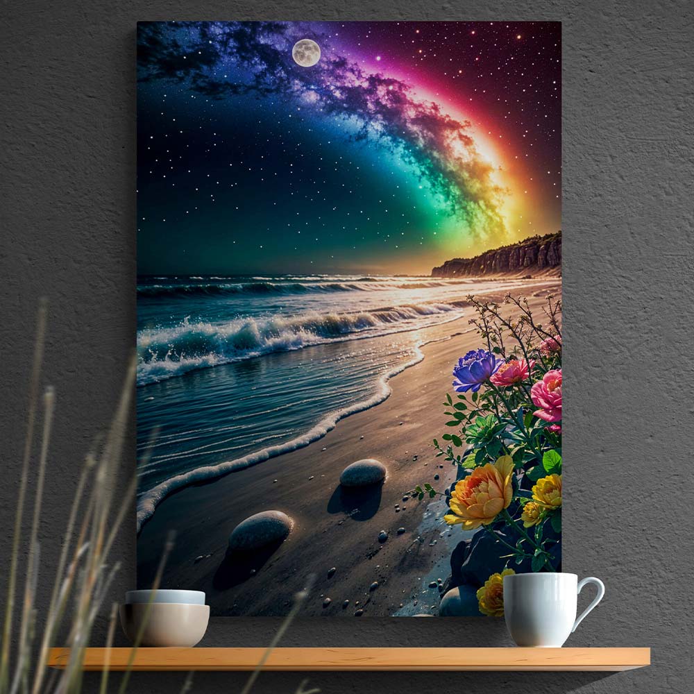 5D Diamond Painting mit AB-Effekt – Sternenhimmel am Meeresufer, Unique-Diamond