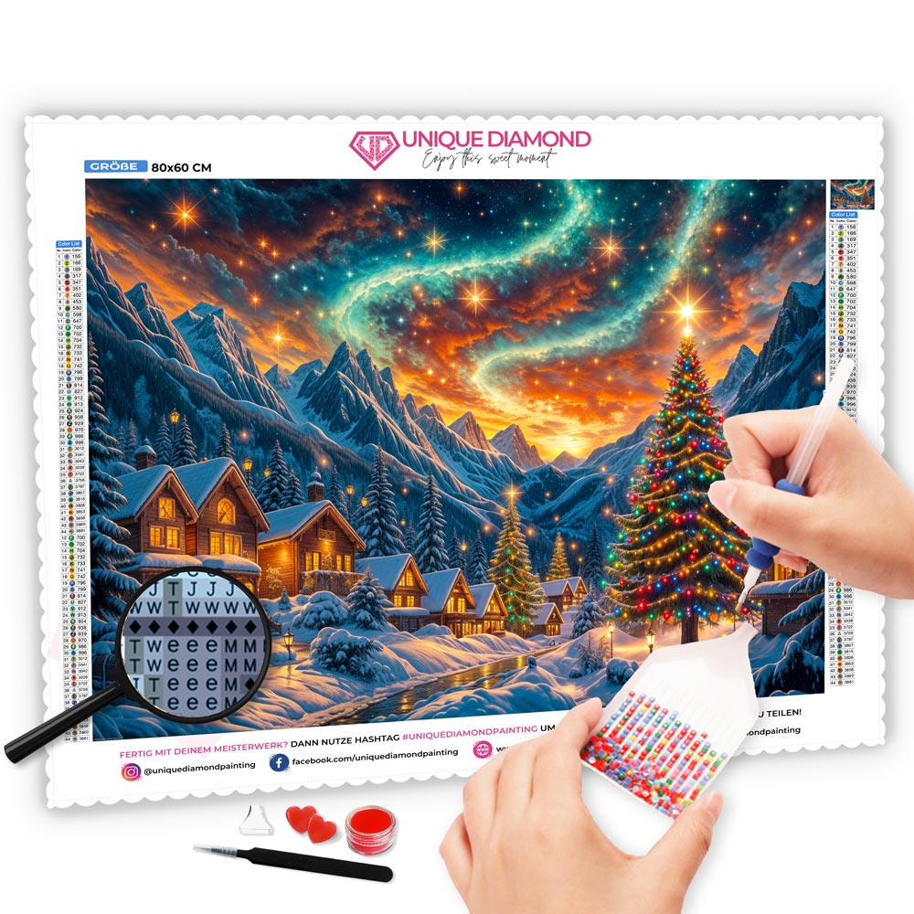 5D Diamond Painting mit AB Effekt – Sternennacht im Winterdorf mit 100 Farben, Unique-Diamond