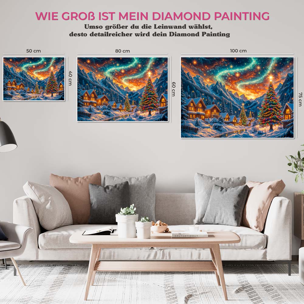 5D Diamond Painting mit AB Effekt – Sternennacht im Winterdorf mit 100 Farben, Unique-Diamond