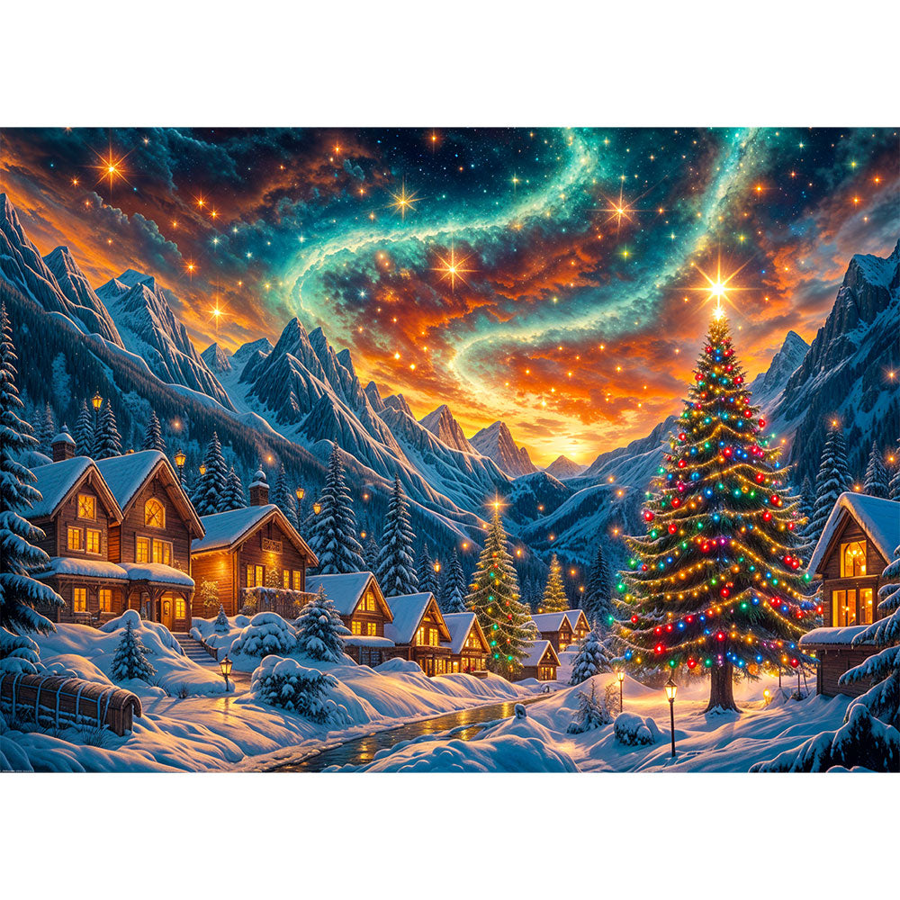 5D Diamond Painting mit AB Effekt – Sternennacht im Winterdorf mit 100 Farben, Unique-Diamond