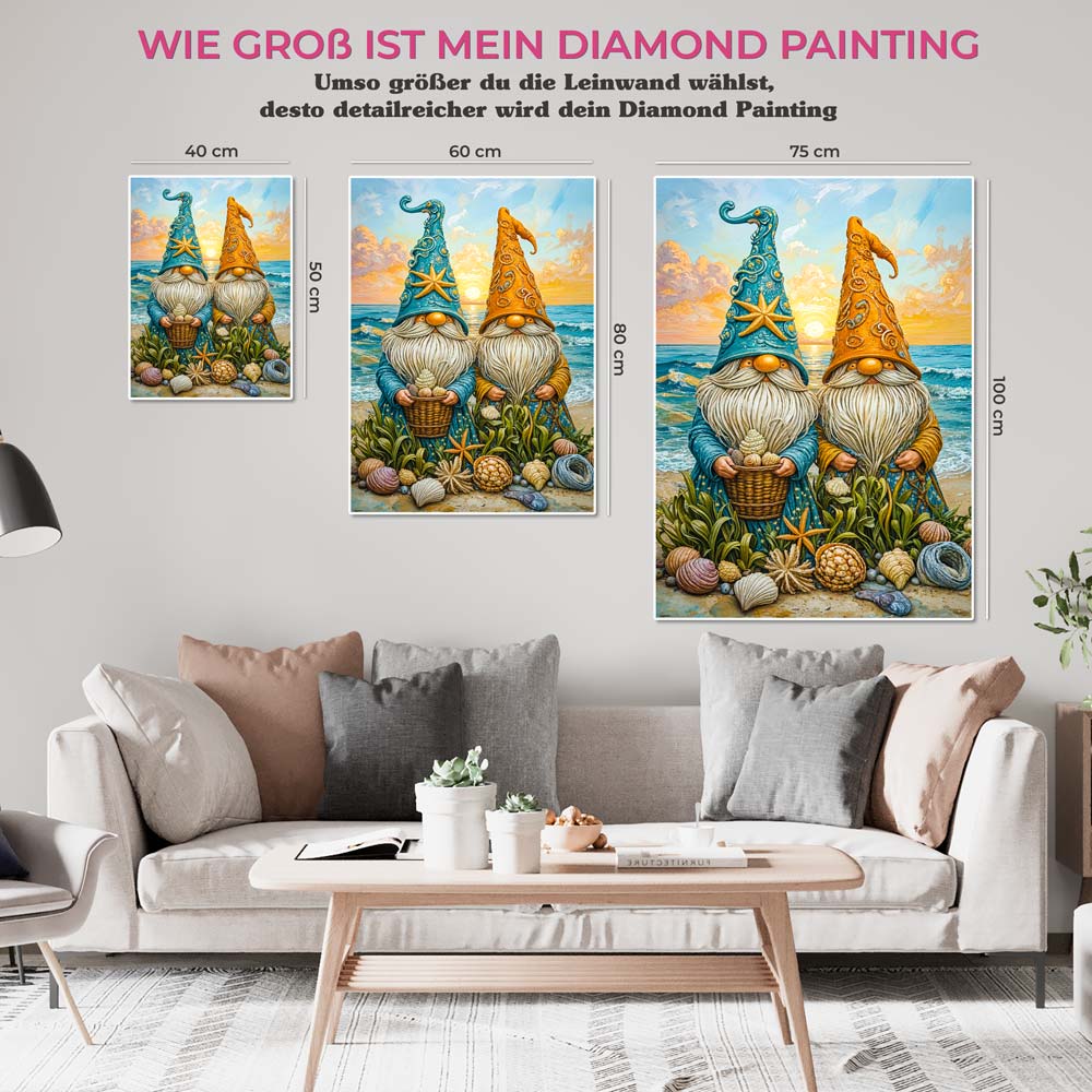 5D Diamond Painting mit AB-Effekt – Strand-Zwerge im Sonnenuntergang, Unique-Diamond