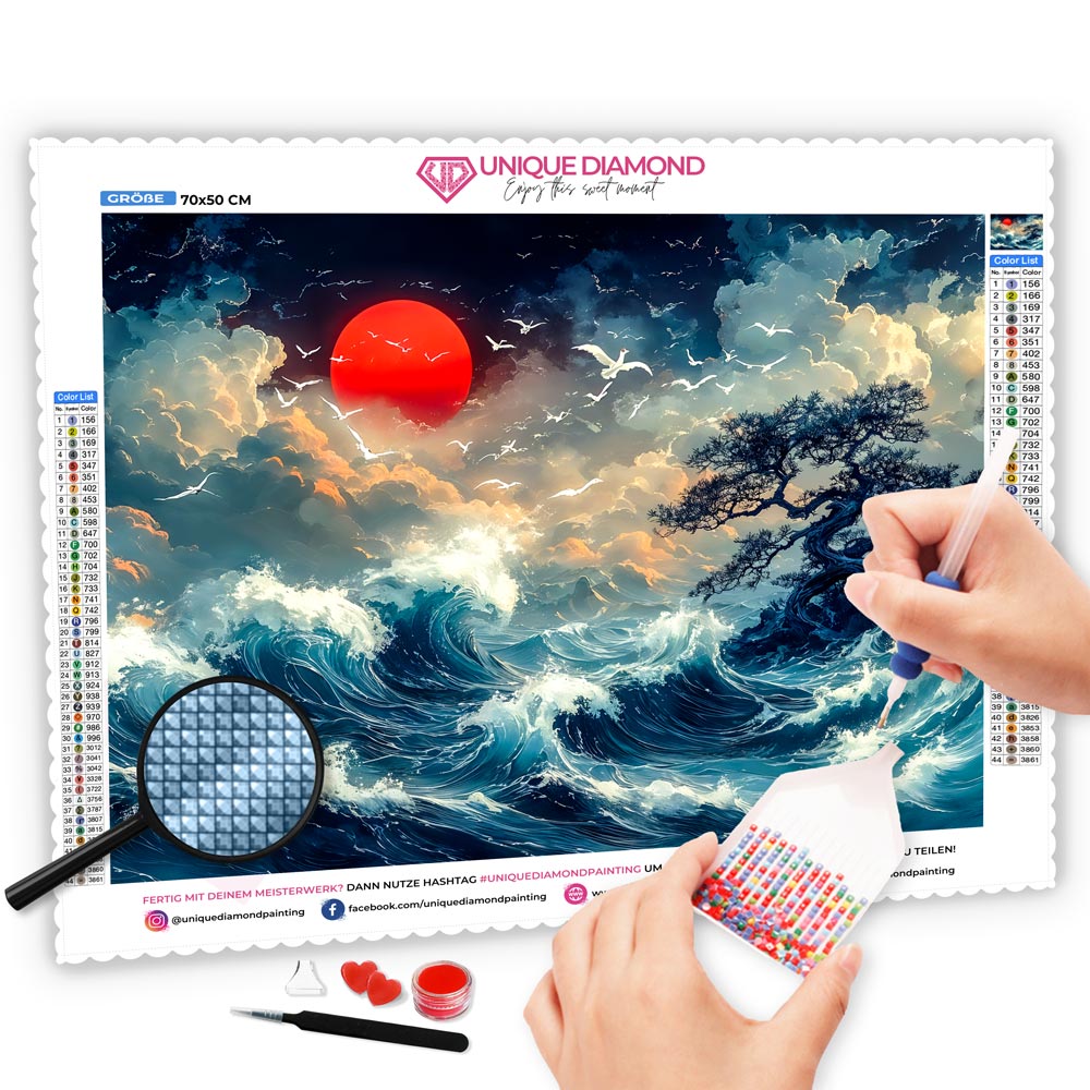 5D Diamond Painting mit AB Effekt – Sturmwellen und roter Mond, Unique-Diamond