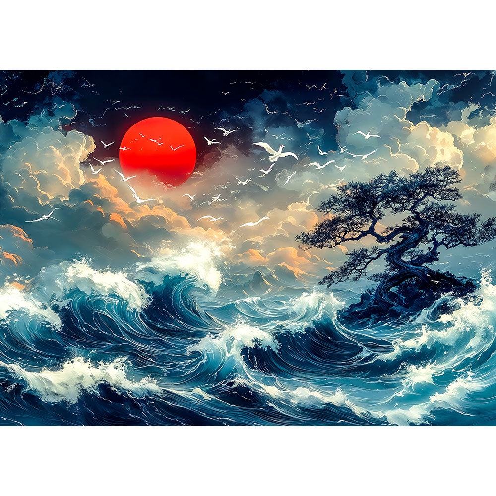 5D Diamond Painting mit AB Effekt – Sturmwellen und roter Mond, Unique-Diamond