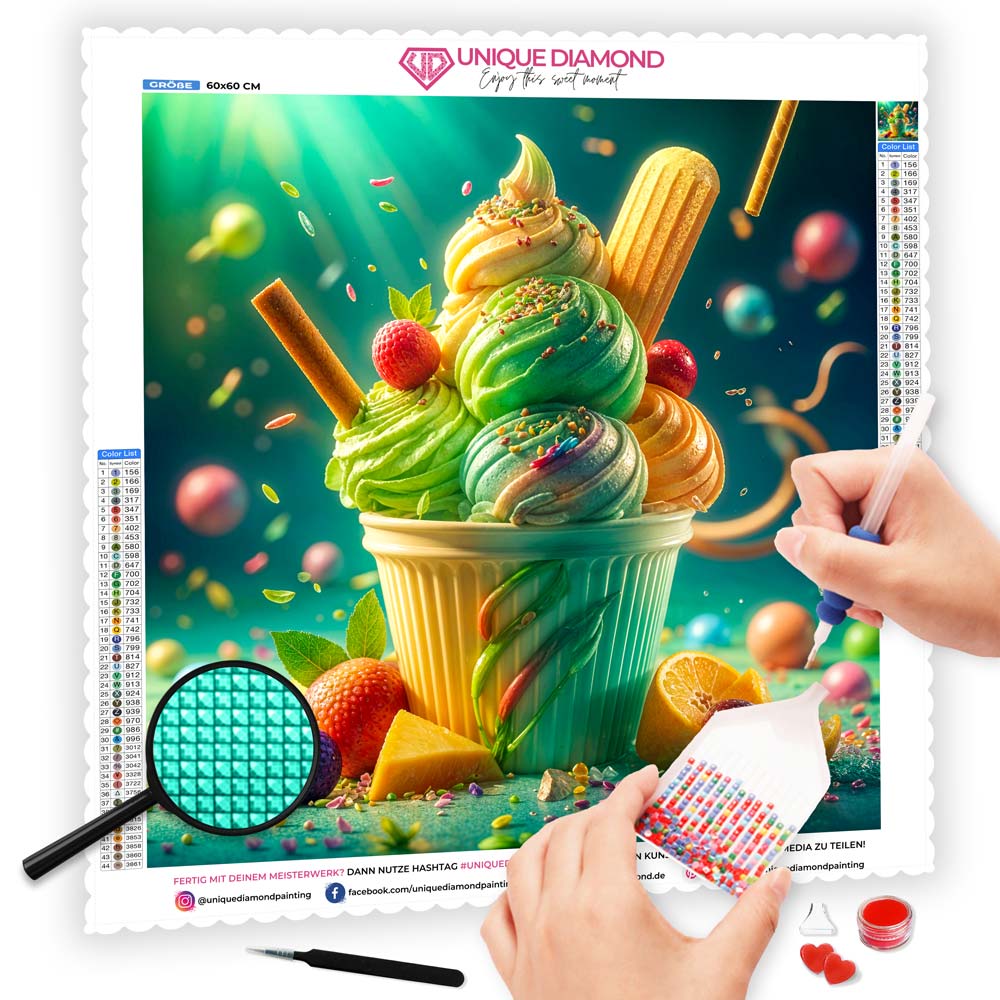 5D Diamond Painting mit AB-Effekt – Süßer Eisbecher mit 100 Farben, Unique-Diamond