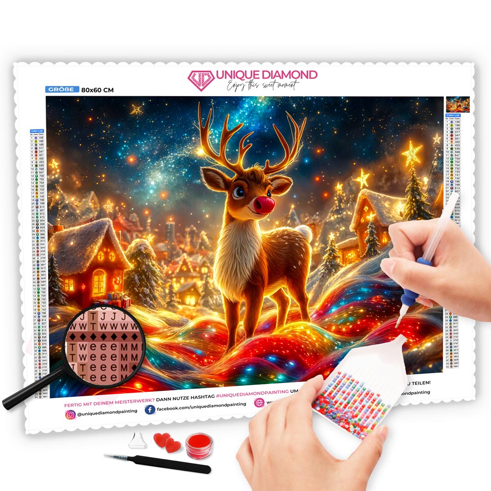 5D Diamond Painting mit AB Effekt – Weihnachtlicher Rudolph mit funkelnder Lichterbahn mit 100 Farben, Unique-Diamond