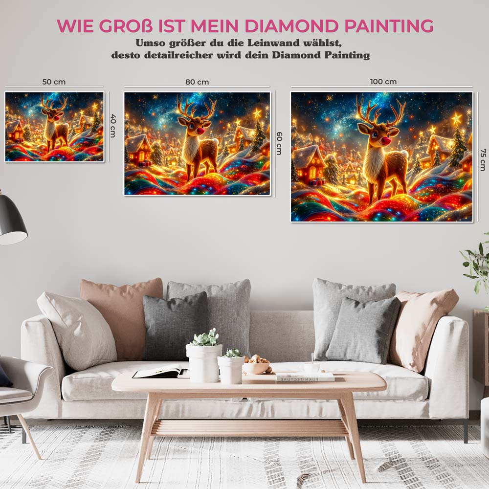 5D Diamond Painting mit AB Effekt – Weihnachtlicher Rudolph mit funkelnder Lichterbahn mit 100 Farben, Unique-Diamond