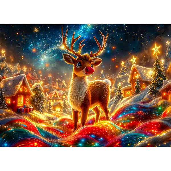 5D Diamond Painting mit AB Effekt – Weihnachtlicher Rudolph mit funkelnder Lichterbahn mit 100 Farben, Unique-Diamond