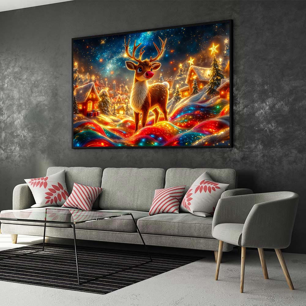 5D Diamond Painting mit AB Effekt – Weihnachtlicher Rudolph mit funkelnder Lichterbahn mit 100 Farben, Unique-Diamond