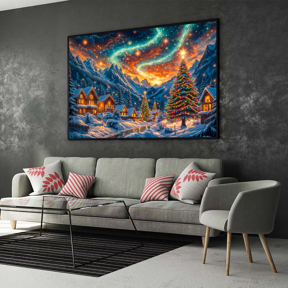 5D Diamond Painting mit AB Effekt – Sternennacht im Winterdorf mit 100 Farben, Unique-Diamond