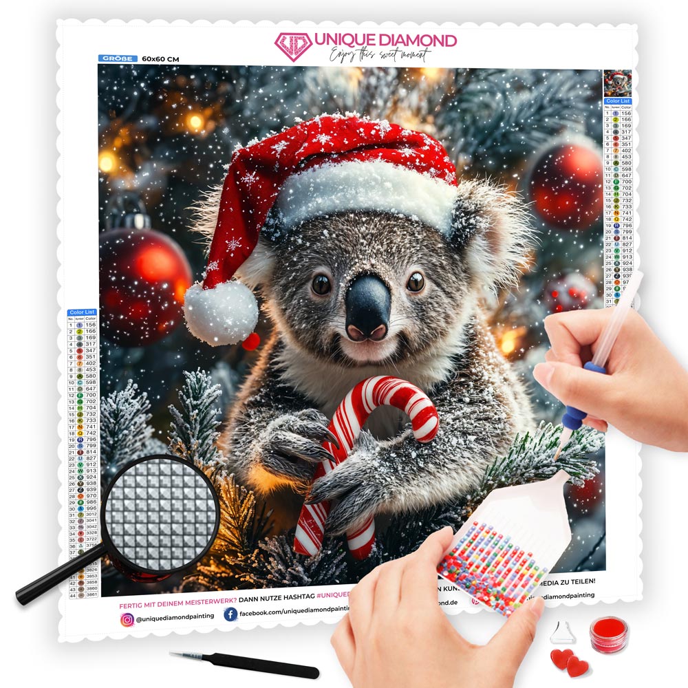 5D Diamond Painting mit AB-Effekt – Weihnachts-Koala mit Zuckerstange, Unique-Diamond