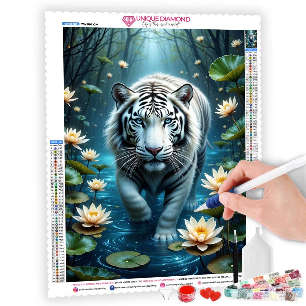 5D Diamond Painting mit AB-Effekt – Weißer Tiger im Seerosenteich, Unique-Diamond