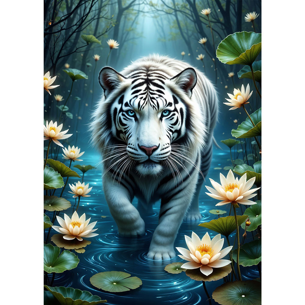 5D Diamond Painting mit AB-Effekt – Weißer Tiger im Seerosenteich, Unique-Diamond