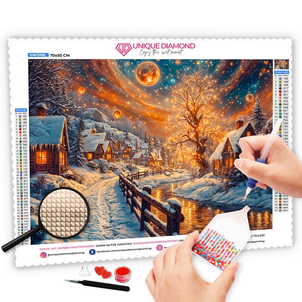 5D Diamond Painting mit AB Effekt – Winterliche Abendruhe, Unique-Diamond