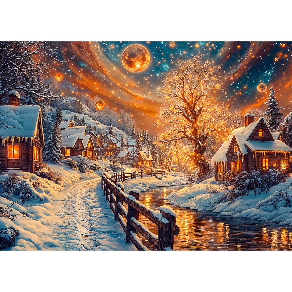 5D Diamond Painting mit AB Effekt – Winterliche Abendruhe, Unique-Diamond