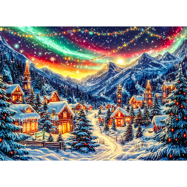 5D Diamond Painting mit AB Effekt – Winterliches Bergdorf unter Polarlichtern mit 100 Farben, Unique-Diamond